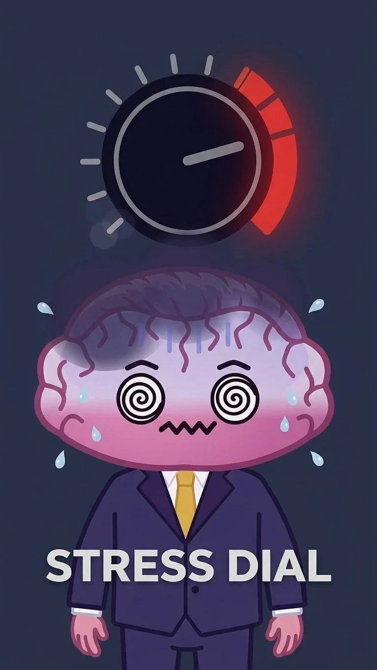 Thumbnail: the mascot sweating with spiral eyes under a dial in the red, and the words STRESS DIAL.
