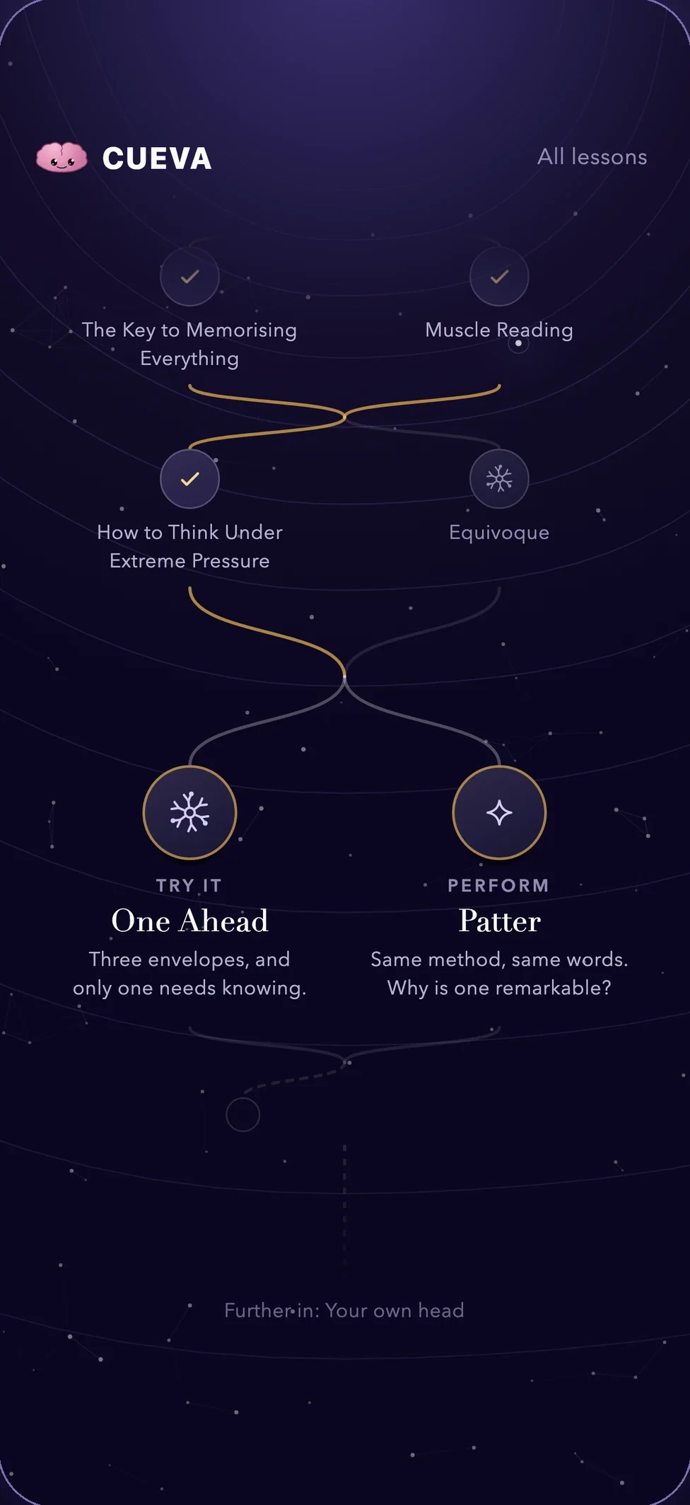 The Learn path, with finished lessons and a fork between two new ones.