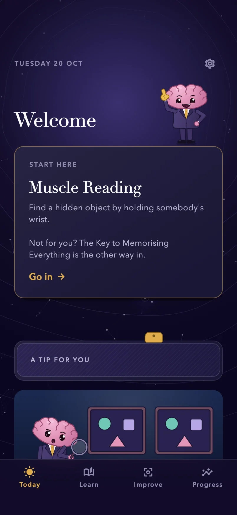 The Today tab: a welcome, the lesson to start with, a tip, and an illustrated game.