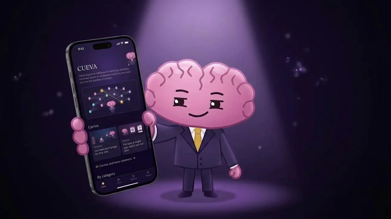 Thumbnail: the brain mascot under a spotlight, holding up an iPhone showing the CUEVA app.